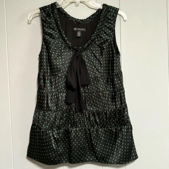INC INTERNATIONAL CONCEPTS 100% Silk Sleeveless Top Black Green Polka Dots Sz 2 - Picture 1 of 7